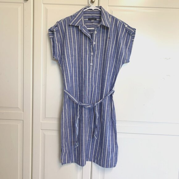 Tommy Hilfiger Blue Striped Shirt Dress Button Front Cotton Collar Size 2 - Picture 1 of 10